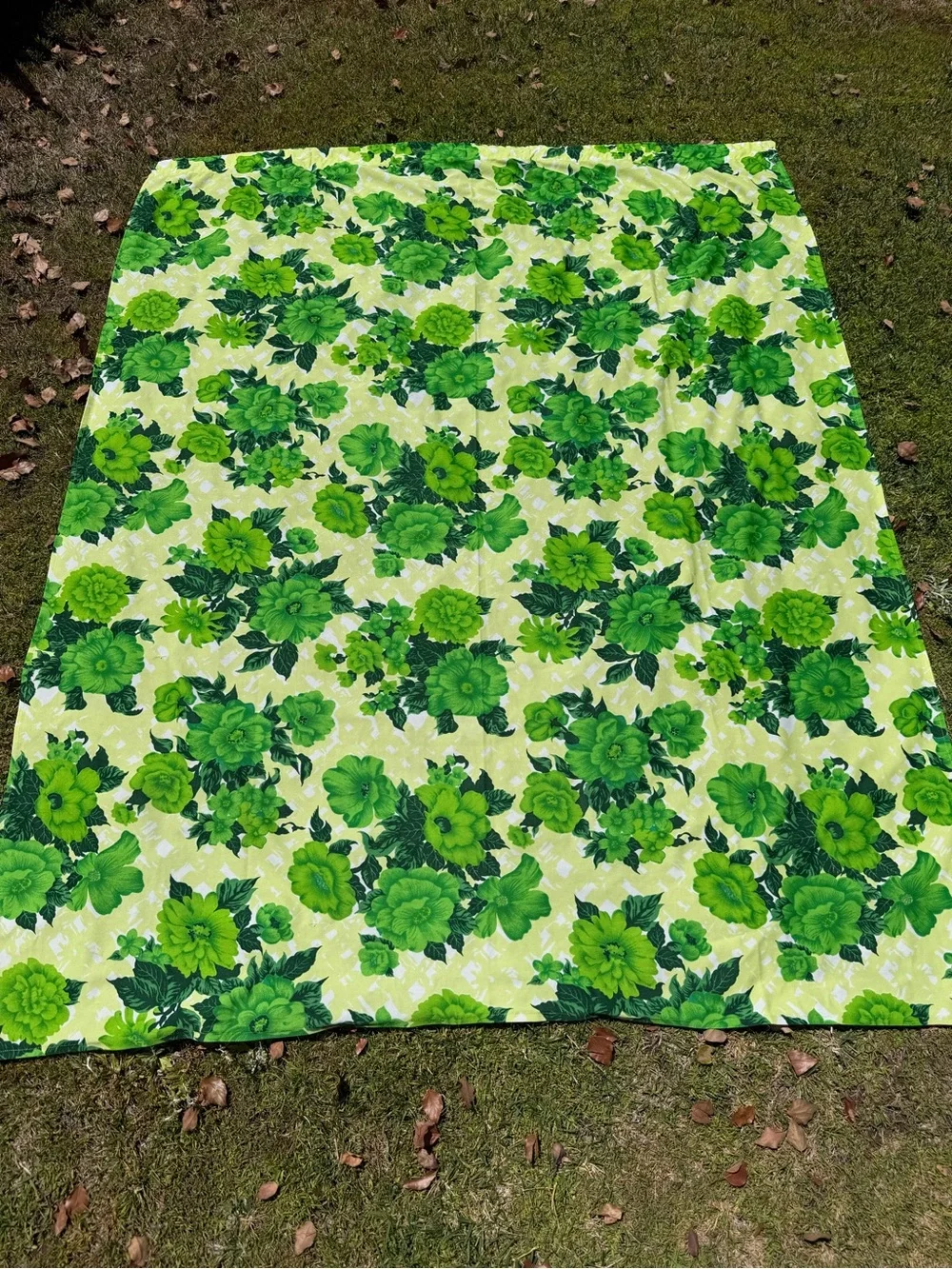 Vintage MCM Retro Floral Handmade Curtain Panel Green Yellow Rod Pocket 52x69